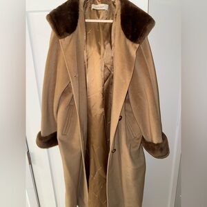 Marina Rinaldi Wool and Cashmere Camel Coat with Fur Trim and Hood